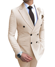 Laden Sie das Bild in den Galerie-Viewer, 2020 neue Beige herren Anzug 2 Stück Zweireiher Kerbe Revers Flache Slim Fit Casual Smoking Für Hochzeit (Blazer + hosen)