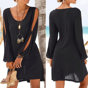 Frauen Mode Kleid Schwarz Casual O-ansatz Aushöhlen Hülse Gerade Kleid Solide Strand Stil Mini kleid