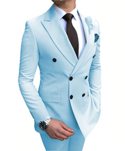 Laden Sie das Bild in den Galerie-Viewer, 2020 neue Beige herren Anzug 2 Stück Zweireiher Kerbe Revers Flache Slim Fit Casual Smoking Für Hochzeit (Blazer + hosen)
