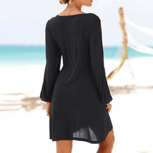 Laden Sie das Bild in den Galerie-Viewer, Frauen Mode Kleid Schwarz Casual O-ansatz Aushöhlen Hülse Gerade Kleid Solide Strand Stil Mini kleid
