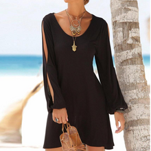 Laden Sie das Bild in den Galerie-Viewer, Frauen Mode Kleid Schwarz Casual O-ansatz Aushöhlen Hülse Gerade Kleid Solide Strand Stil Mini kleid
