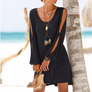 Frauen Mode Kleid Schwarz Casual O-ansatz Aushöhlen Hülse Gerade Kleid Solide Strand Stil Mini kleid