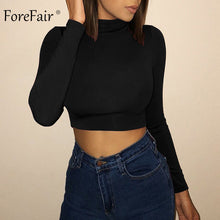 Laden Sie das Bild in den Galerie-Viewer, Forefair Langarm Crop Top Frauen Shirts Harajuku Koreanische Schwarz Burgund Sexy Kleidung Rollkragen Kurz Grundlegende T-shirt Femme 2018
