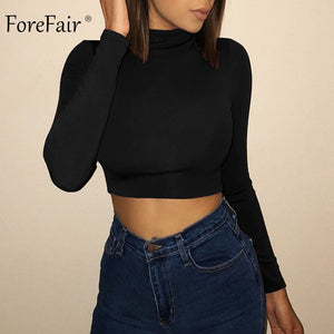 Forefair Langarm Crop Top Frauen Shirts Harajuku Koreanische Schwarz Burgund Sexy Kleidung Rollkragen Kurz Grundlegende T-shirt Femme 2018